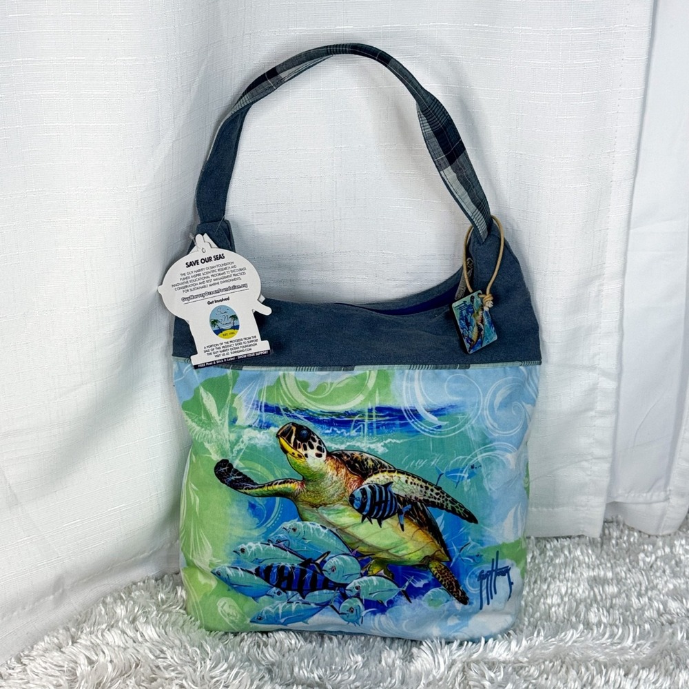 Guy Harvey Purse NWT Sea Turtle Fish Hobo Shoulder Bag Canvas Beach Tote - Picture 2 of 16